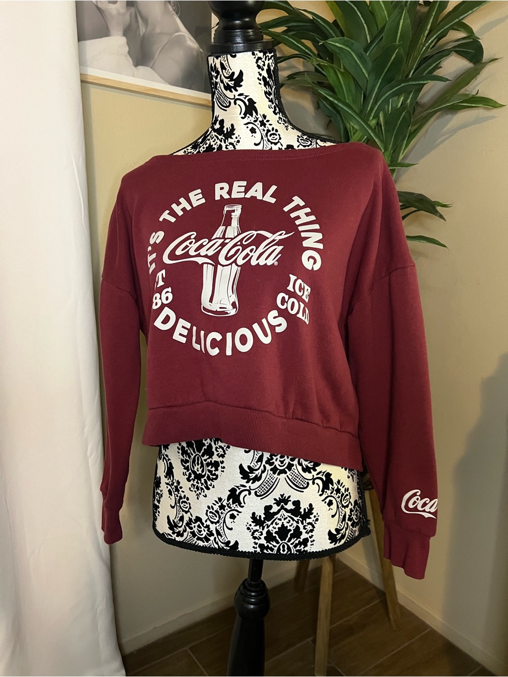 Coca Cola Maroon Off-Shoulder Cropped Sweatshirt with White Logo